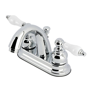 Restoration Two-Handle 3-Hole Deck Mount 4" Centerset Bathroom Faucet with Plastic Pop-Up