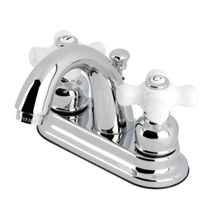 Restoration Two-Handle 3-Hole Deck Mount 4" Centerset Bathroom Faucet with Plastic Pop-Up