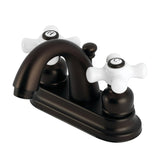 Restoration Two-Handle 3-Hole Deck Mount 4" Centerset Bathroom Faucet with Plastic Pop-Up