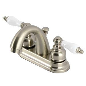 Restoration Two-Handle 3-Hole Deck Mount 4" Centerset Bathroom Faucet with Plastic Pop-Up