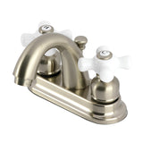 Restoration Two-Handle 3-Hole Deck Mount 4" Centerset Bathroom Faucet with Plastic Pop-Up