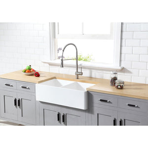 Arcticstone 33-Inch Solid Surface White Stone Apron-Front Double Bowl Farmhouse Kitchen Sink