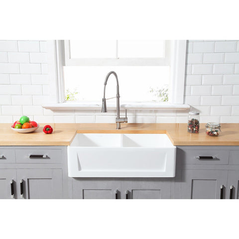 Arcticstone 33-Inch Solid Surface White Stone Apron-Front Double Bowl Farmhouse Kitchen Sink