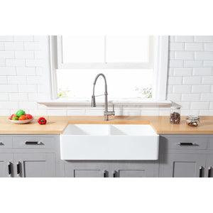 Arcticstone 36-Inch Solid Surface White Stone Apron-Front Double Bowl Farmhouse Kitchen Sink