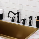 French Country Two-Handle 4-Hole Deck Mount Widespread Kitchen Faucet with Brass Sprayer