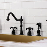 French Country Two-Handle 4-Hole Deck Mount Widespread Kitchen Faucet with Brass Sprayer