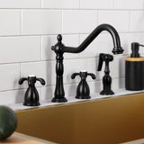 French Country Two-Handle 4-Hole Deck Mount Widespread Kitchen Faucet with Brass Sprayer