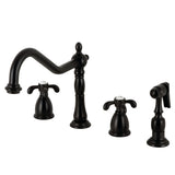 French Country Two-Handle 4-Hole Deck Mount Widespread Kitchen Faucet with Brass Sprayer