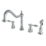 Tudor Two-Handle 4-Hole Deck Mount Widespread Kitchen Faucet with Brass Sprayer