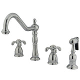 French Country Two-Handle 4-Hole Deck Mount Widespread Kitchen Faucet with Brass Sprayer