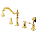 Heritage Two-Handle 4-Hole Deck Mount Widespread Kitchen Faucet with Brass Sprayer