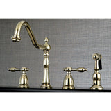 Tudor Two-Handle 4-Hole Deck Mount Widespread Kitchen Faucet with Brass Sprayer