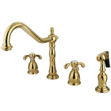 French Country Two-Handle 4-Hole Deck Mount Widespread Kitchen Faucet with Brass Sprayer