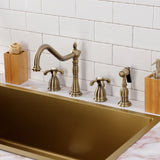 French Country Two-Handle 4-Hole Deck Mount Widespread Kitchen Faucet with Brass Sprayer