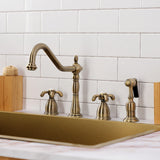 French Country Two-Handle 4-Hole Deck Mount Widespread Kitchen Faucet with Brass Sprayer