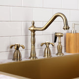 French Country Two-Handle 4-Hole Deck Mount Widespread Kitchen Faucet with Brass Sprayer