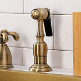 French Country Two-Handle 4-Hole Deck Mount Widespread Kitchen Faucet with Brass Sprayer