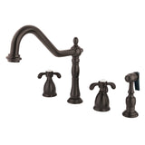 French Country Two-Handle 4-Hole Deck Mount Widespread Kitchen Faucet with Brass Sprayer