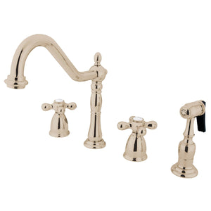 Heritage Two-Handle 4-Hole Deck Mount Widespread Kitchen Faucet with Brass Sprayer