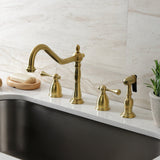 Heritage Two-Handle 4-Hole Deck Mount Widespread Kitchen Faucet with Brass Sprayer