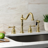 Heritage Two-Handle 4-Hole Deck Mount Widespread Kitchen Faucet with Brass Sprayer