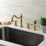 Tudor Two-Handle 4-Hole Deck Mount Widespread Kitchen Faucet with Brass Sprayer