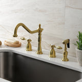 Tudor Two-Handle 4-Hole Deck Mount Widespread Kitchen Faucet with Brass Sprayer