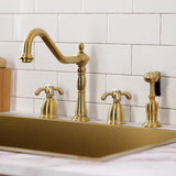 French Country Two-Handle 4-Hole Deck Mount Widespread Kitchen Faucet with Brass Sprayer