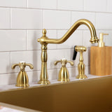 French Country Two-Handle 4-Hole Deck Mount Widespread Kitchen Faucet with Brass Sprayer