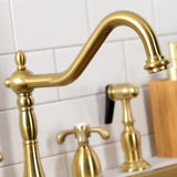 French Country Two-Handle 4-Hole Deck Mount Widespread Kitchen Faucet with Brass Sprayer