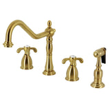 French Country Two-Handle 4-Hole Deck Mount Widespread Kitchen Faucet with Brass Sprayer