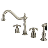 French Country Two-Handle 4-Hole Deck Mount Widespread Kitchen Faucet with Brass Sprayer