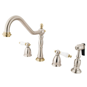 Heritage Two-Handle 4-Hole Deck Mount Widespread Kitchen Faucet with Brass Sprayer