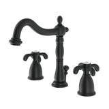 French Country Two-Handle 3-Hole Deck Mount Widespread Bathroom Faucet with Brass Pop-Up