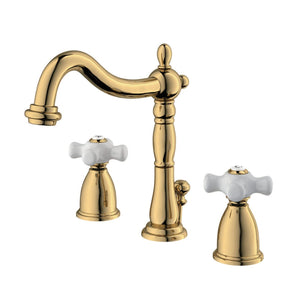 Heritage Two-Handle 3-Hole Deck Mount Widespread Bathroom Faucet with Brass Pop-Up