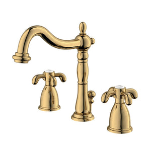 French Country Two-Handle 3-Hole Deck Mount Widespread Bathroom Faucet with Brass Pop-Up