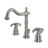 French Country Two-Handle 3-Hole Deck Mount Widespread Bathroom Faucet with Pop-Up Drain