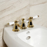 Victorian Three-Handle Deck Mount Vertical Spray Bidet Faucet with Brass Pop-Up