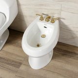 Royale Three-Handle Deck Mount Vertical Spray Bidet Faucet with Brass Pop-Up