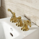 Royale Three-Handle Deck Mount Vertical Spray Bidet Faucet with Brass Pop-Up