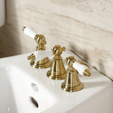 Victorian Three-Handle Deck Mount Vertical Spray Bidet Faucet with Brass Pop-Up