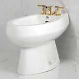 Convergent Three-Handle Deck Mount Bidet Faucet with Knurled Handle and Brass Pop-Up Drain