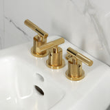 Convergent Three-Handle Deck Mount Bidet Faucet with Knurled Handle and Brass Pop-Up Drain