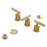 Convergent Three-Handle Deck Mount Bidet Faucet with Knurled Handle and Brass Pop-Up Drain