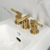 Convergent Three-Handle Deck Mount Bidet Faucet with Knurled Handle and Brass Pop-Up Drain