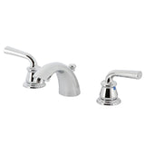 Restoration Two-Handle 3-Hole Deck Mount Mini-Widespread Bathroom Faucet with Plastic Pop-Up