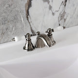 American Patriot Two-Handle 3-Hole Deck Mount Mini-Widespread Bathroom Faucet with Plastic Pop-Up