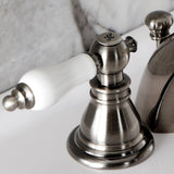 American Patriot Two-Handle 3-Hole Deck Mount Mini-Widespread Bathroom Faucet with Plastic Pop-Up