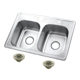 Studio 33-Inch Stainless Steel Self-Rimming Double Bowl Drop-In Kitchen Sink with 4-Hole Drain and Strainer