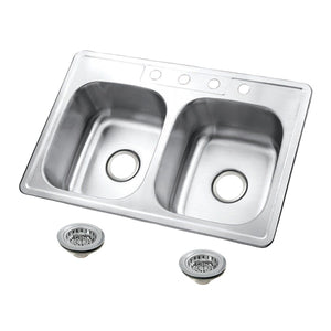 Studio 33-Inch Stainless Steel Self-Rimming Double Bowl Drop-In Kitchen Sink with 4-Hole Drain and Strainer